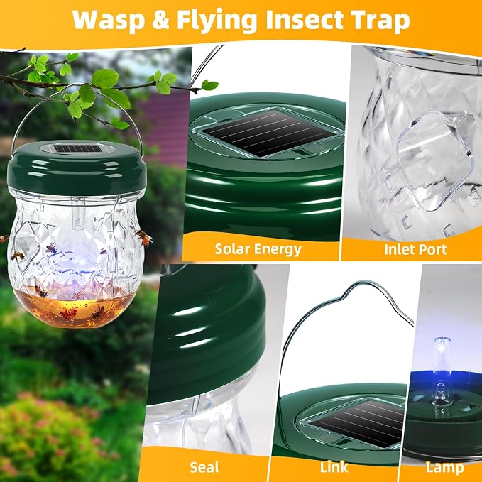 4 Pack Solar Wasp Traps Outdoor Hanging: Reusable Yellow Jacket Traps with LED Light - Effective Carpenter Bee Catcher & Hornet Trap - Waterproof Wasp Deterrent for Garden & Yard (4)