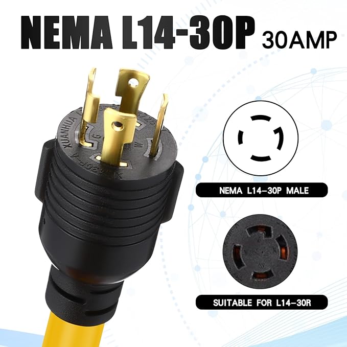 Kanayu 10FT 30 to 20 Amp 110V Generator Distribution Adapter Compatible with NEMA L14-30P to NEMA 4X 5-20R/ 5-15R, 4 Prong Generator Locking to Four Household Outlet with 20 Amp Circuit Breaker