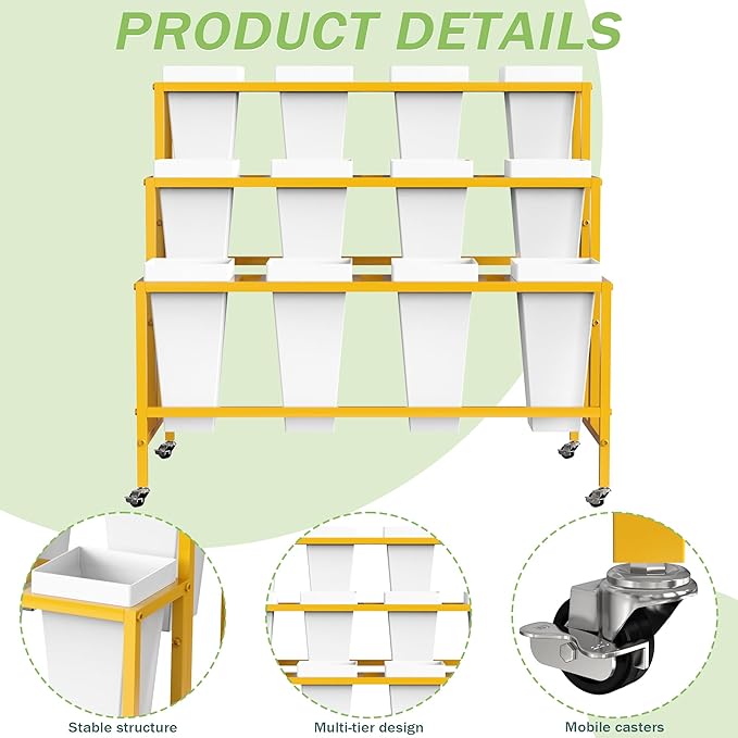 VGMiu Flower Display Stand with 12 Buckets, Flower Cart 3 Layers Gold Metal Flower Bar Stand with Wheels, Moving Florist Bouquet Shelf for Weddings Florist Indoor Outdoor Patio Garden Living Room