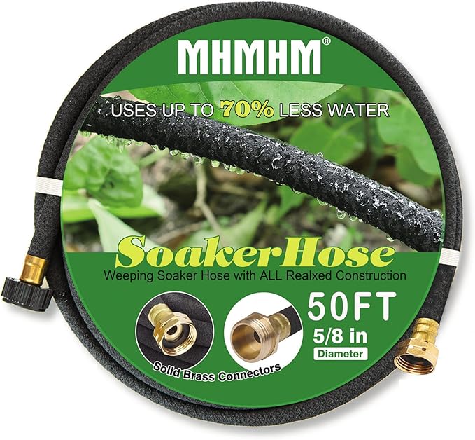 5/8" Soaker Hose for Garden Drip Hose Irrigation System with Solid Brass Fitting for Lawns Flower Beds & Vegetable Gardens (50FT)