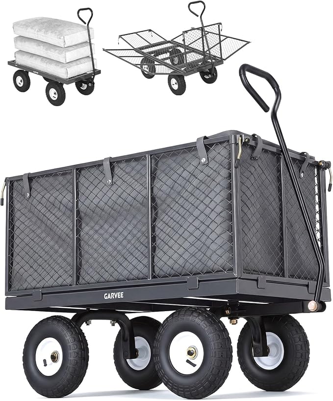 Garvee Versatile Outdoor Utility Cart-800LBS Heavy-Duty, 10" All-Terrain Pneumatic Tires, Easy Maneuverable Lawn Cart with Removable Mesh Panels for Gardening&Landscaping, Grey, with Waterproof Liner