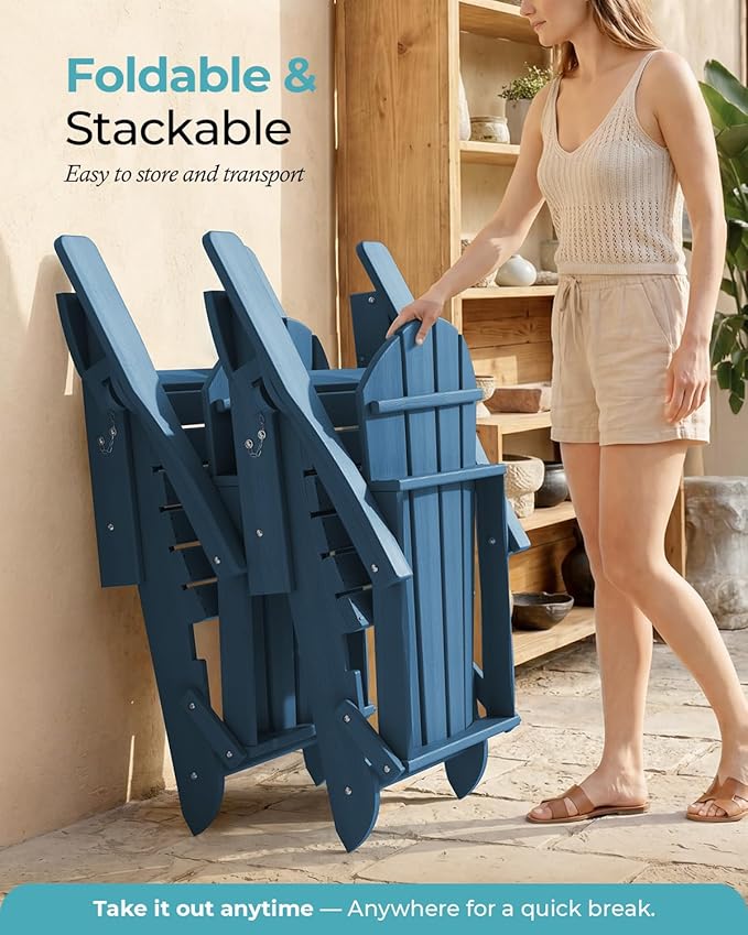 Ciokea Folding Adirondack Chair 2 Pack, Patio Adirondack Chair Weather Resistant, Plastic Fire Pit Chair with Cup Holder, Lawn Chair for Outdoor Porch Garden Backyard Deck (Royal Blue)