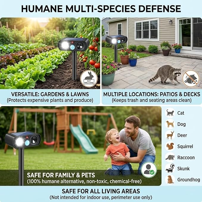 2026 Upgraded Sonic Fortress Pro Deer Repellent Devices,Feral Cat Deterrent Outdoor Solar Ultrasonic Animal Repellent with Motion Sensor&Flash Light, Raccoon Fortress Pro for Garden&Yard 2Pack