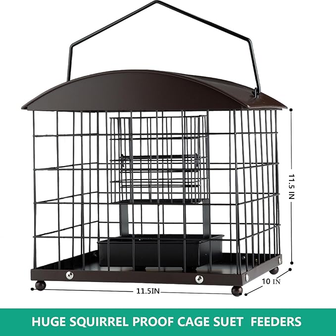 Caged Suet Feeders Squirrel-Proof, Dual-Purpose Suet &Seed Wild Bird Feeders with Tray, Huge Metal Caged Bird Feeders Outdoors Hanging, 2 Suet Cakes+1lb Seed Capacity, Copper