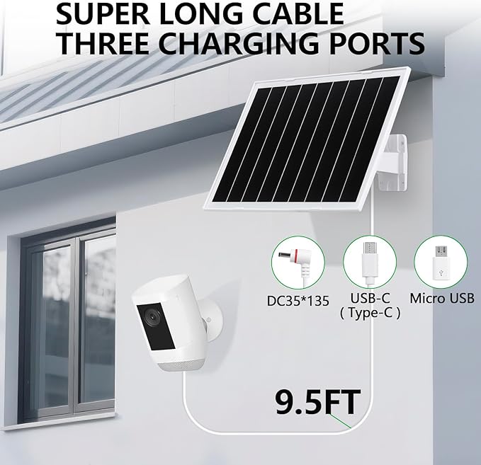 2 Pack Solar Panel for Security Camera, 8W Camera Solar Panel, Compatible for Wyze/Eufy/Ring Rechargeable Battery Camera, with USB-C/DC35135 & Micro-USB, 9.5ft Cable, Waterproof Design/360°Adjustable