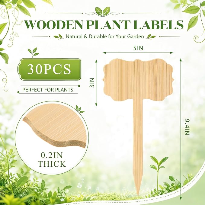 Hicarer 30 Pcs 9.4" x 5" Extra Large Bamboo Garden Markers, Retro Style Natural Wood T-Type Large Plant Labels for Herbs, Flowers & Vegetables – Easy to Read Full-Size Tags for Garden Outdoor