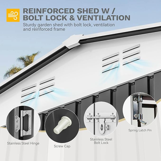 DWVO 10' x 10' Outdoor Storage Shed, Waterproof Metal Garden Shed with Windows, Lockable Doors, and Sloped Roof for Patio, Backyard, Lawn, Tool Storage, Bike Shed, Pet Shelter (Gray + White)