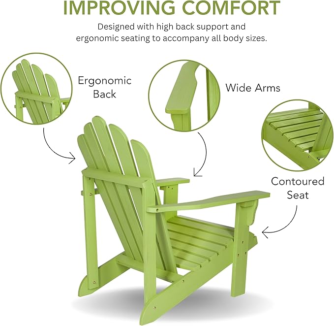 Shine Company Westport Wooden Adirondack Chair, Outdoor Patio Firepit Chairs, Back & Seat Pre-Assembled, Lime Green