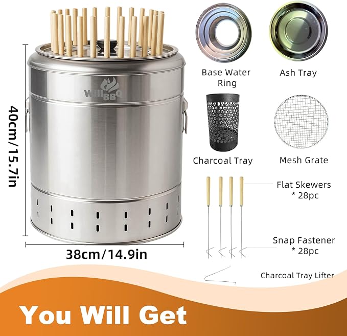 2-in-1 Charcoal Grill & Fire Pit, Vertical Barrel Grill for Outdoor BBQ | Portable Camping Grill with 360° Even Heating, Low Smoke Oil-Ash Separation, Stainless Steel for Backyard Parties(L)