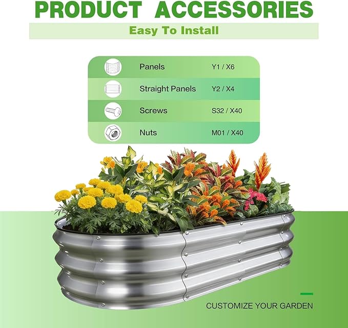 GrowHaus 4x2x1ft Galvanized Raised Garden Bed, Planter Boxes Outdoor Metal Garden Beds for Planting Vegetables Flowers Herbs Silver 2 Pack