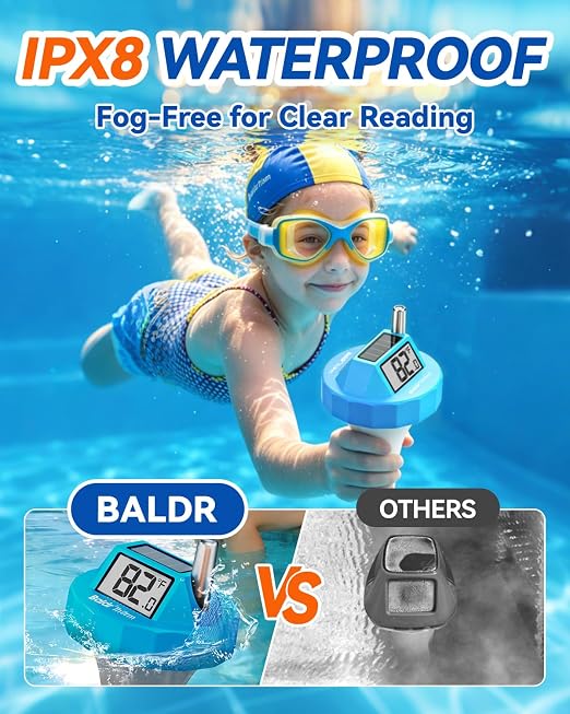 BALDR Wireless Pool Thermometer Floating Easy Read, 2026 Upgrade Solar Powered Water Temperature Gauge with Indoor Monitor, IPX8 Waterproof 500FT Range for Pools,Hot Tubs,Spas, Baths, Aquariums