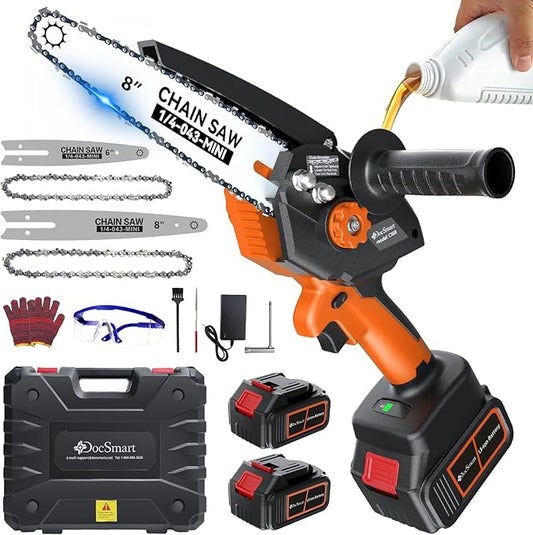 Mini Chainsaw with 1500W Brushless Motor, 2x 4000mAh Batteries 8 inch & 6 inch Handheld Small Chain Saw for Wood Cutting, Gardening Gifts for Father Dad Men