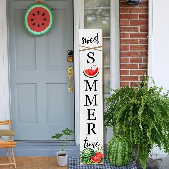 Summer Watermelon Porch Sign Sweet Summer Time Welcome Sign For Front Porch, Cute Fruit Home Decor Welcome Sign for Indoor Outdoor Garden Wooden Vertical Sign For Patio Front Door Wall Yard