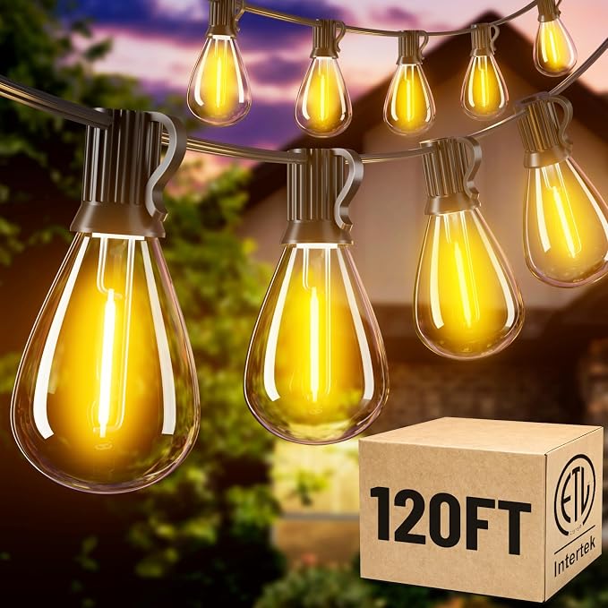 120FT Outdoor String Lights, 30+2 LED Shatterproof Bulbs with Remote & Timer,2700K Dimmable Waterproof Hanging Decor for Backyard, Garden, Porch, Balcony, Wedding Party Lighting