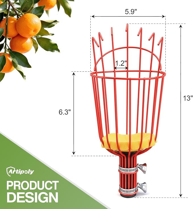 ARTIPOLY Twist-On Fruit Picker Basket Head, Fits Standard US 3/4-inch Acme Threaded Pole, Sturdy Fruit Harvesting Tool for Apple, Avocado, Mango, Orange, Lemon, Pear (Head Only, Pole Not Included)