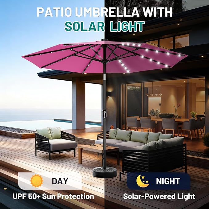 AreShark 9FT Patio Umbrella with Solar Lights, 32 Lighted Pool Umbrella w/Tilt and Crank, Outdoor Market Solar Umbrellas for Garden, Deck, Backyard, Pool and Beach, Rose Pink