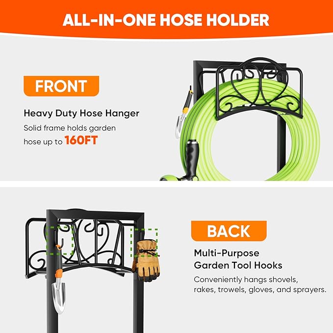 Garden Hose Holder with Tool Hooks and Stable Base, Heavy-Duty Garden Hose Storage Metal Hose Hanger Holds 160Ft, Rustproof Freestanding Water Hose Holder for Outside, Yard, Lawn, Farm, Black