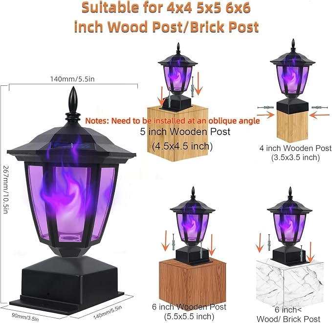 Dynaming Solar Flame Post Cap Lights Outdoor, Halloween Flickering Purple Flame Post Lights, Solar Powered LED Lantern Waterproof for Garden Deck Fence Patio, Fit 4x4, 5x5 or 6x6 Wooden Posts, 2 Pack