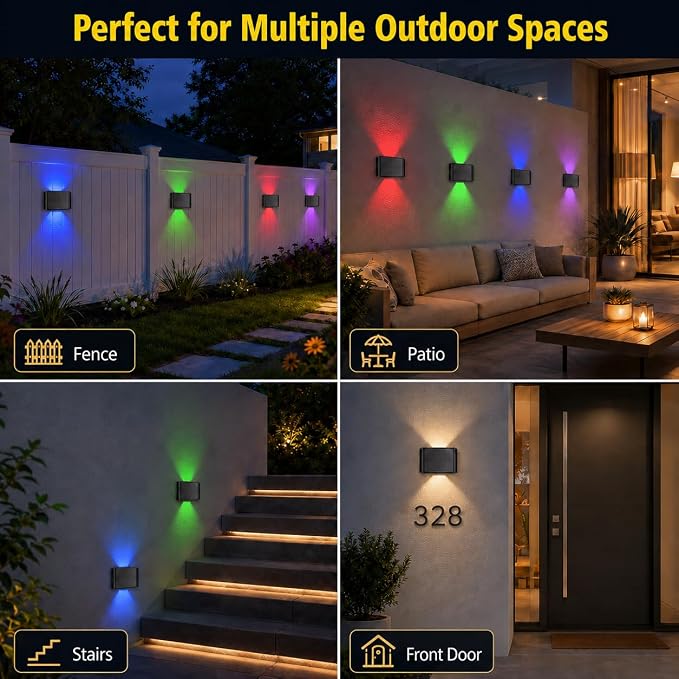 T-SUN Solar Fence Lights Outdoor, 8 Pack RGB Up and Down Decorative Solar Wall Lights with Adjustable Beam Angle, Color Changing & IP65 Waterproof Solar Wall Sconce for Patio Porch Yard Deck Stairs