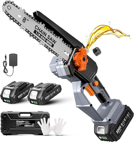 TaskStar 8-Inch Mini Chainsaw Cordless, Brushless Motor, 2×2000mAh Batteries, Lightweight One-Handed Electric Chainsaw for Cutting Thick Branches, Tree Trimming, Wood Cutting, Beginner Friendly