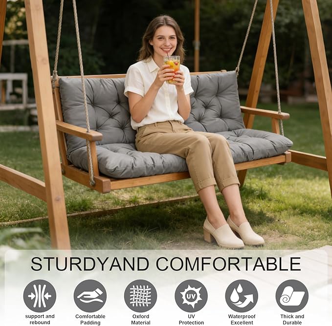 Porch Swing Cushions, Outdoor 3 Seats Swing Cushion Replacement Pad with Backrest, Waterproof Bench Cushion with Ties, for Porch,Garden,Backyard Furniture Patio Lounger (Light Gray 60 * 40 in)