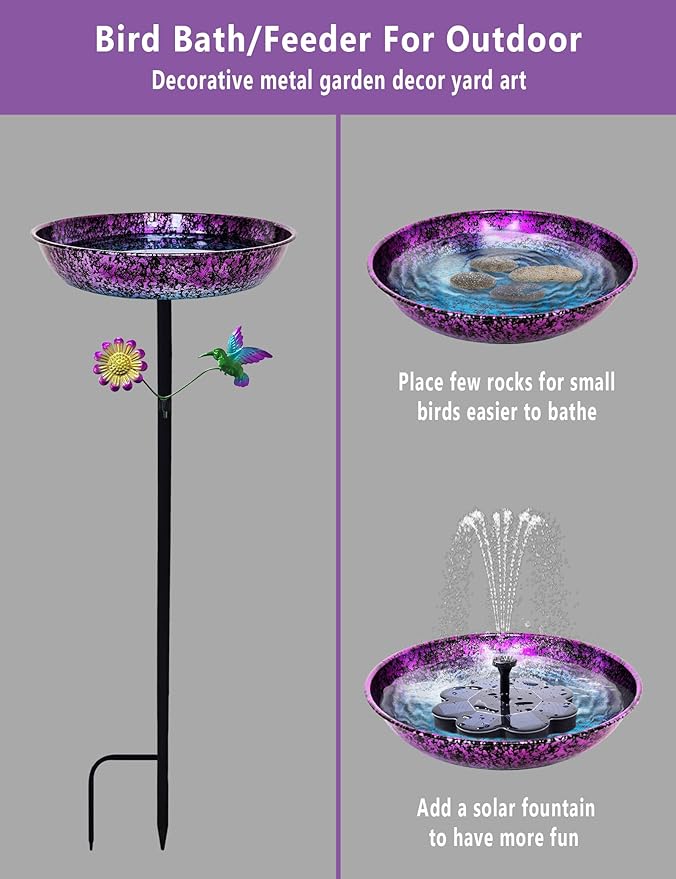 Bird Bath for Outside, 11 Inch Colorful Purple&Blue Metal Birdbath Bowl Decorated Hummingbird Flower Freestanding Garden Bird Bath Feeder Outdoor Decor Yard Art