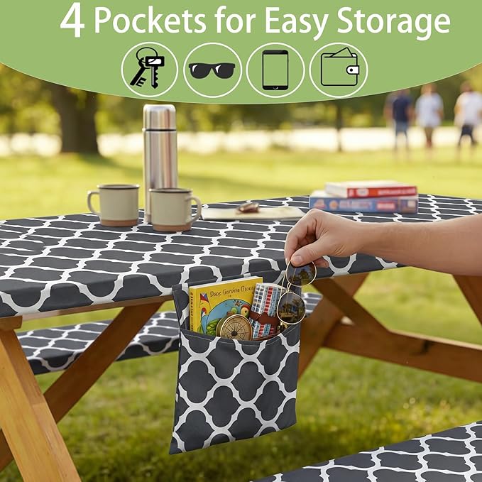 Fitted Picnic Table Cover with Chair Covers Elastic Water Resistant Camping Tablecloth for 8 Foot Rectangle Tables Garden Patio Outdoor Organization Road Trip Hiking Motorhome Essential Gift