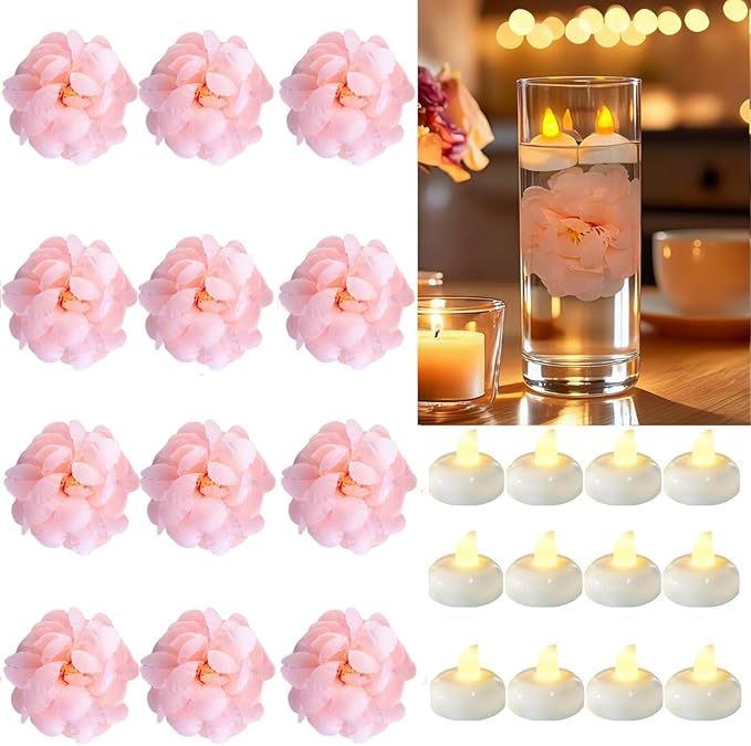 24 Pack Flameless Floating Candles and Floating Artificial Flower Led Battery Operated Waterproof Tea Lights for Vases Centerpieces at Wedding, Party, Pool Decor Pink