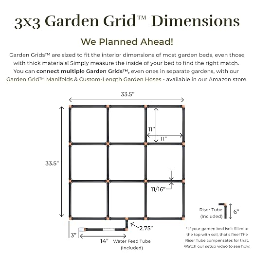 Garden Grid Watering System - 3x3 Standard | Raised Garden Bed Drip Irrigation System – But Better | Pre-Assembled, Waters Every Plant Evenly, 1-Min Setup | Square Foot Gardening | 33.5"x33.5"