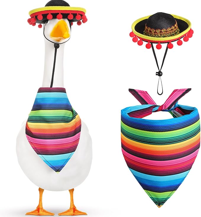 Shyyween Mexican Porch Goose Outfit for 23"/ 17'' Lawn Goose Statue Sombrero with Bandana Scarf for Garden Patio Yard Decor(Classic)