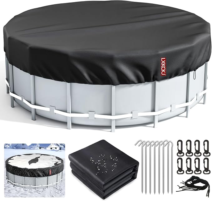 LXKCKJ 21 Ft Pool Cover for Above Ground Pools, Round 420D Oxford Tarp | Tear-Resistant, Waterproof , Windproof With Buckles & Ground Nails Set, UPF50+ UV Protection, Cold-Resistant, Keep Pool Clean