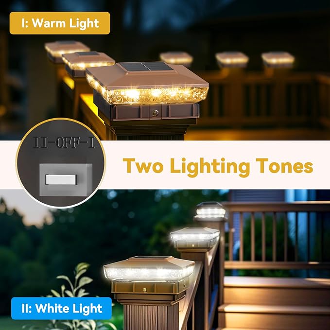 KEILAIMO Solar Post Cap Lights, 12-Pack Upgraded Outdoor Deck Fence Post Solar Lights for 4x4 5x5 Wood/Vinyl Posts, IP65 Waterproof, 10-12 Hours Warm/Cool White Glow for Garden/Patio/Porch - Brown