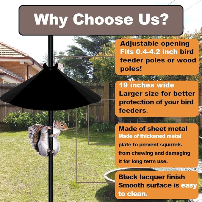 19 Inch Metal Squirrel Baffle，Adjustable Opening Size Squirrel Baffle for Up to 4x4 Wide Wooden Post,Squirrel Baffle for Bird Feeders Without Removing Bird Feeder Poles Or Shepherd's Hooks.