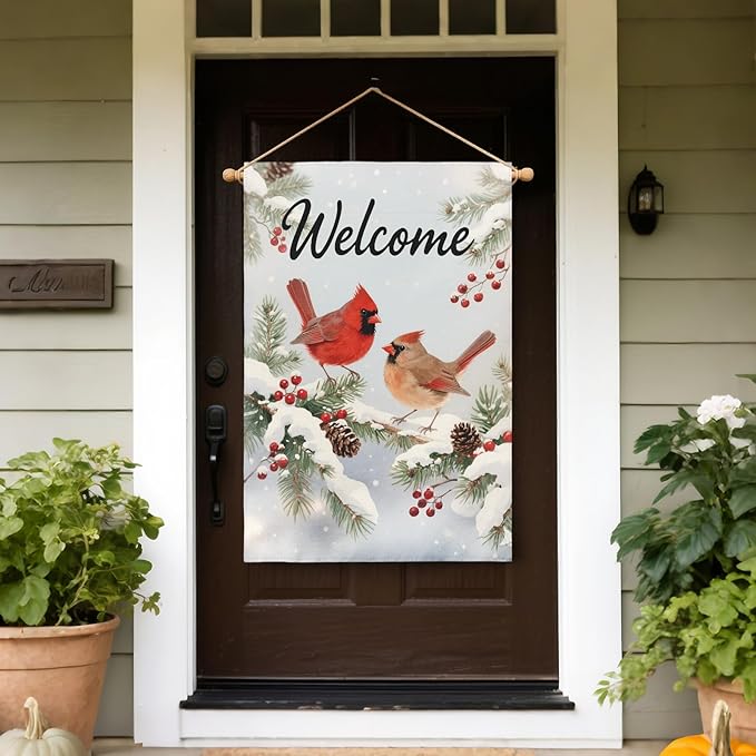 Winter Cardinal House Flag 28x40 Inch Snow Scene Bird Welcome Christmas Holiday Seasonal Decorative Garden Flags for Outside Double Sided Outdoor Home Farmhouse Decoration Porch Yard New Year Decor