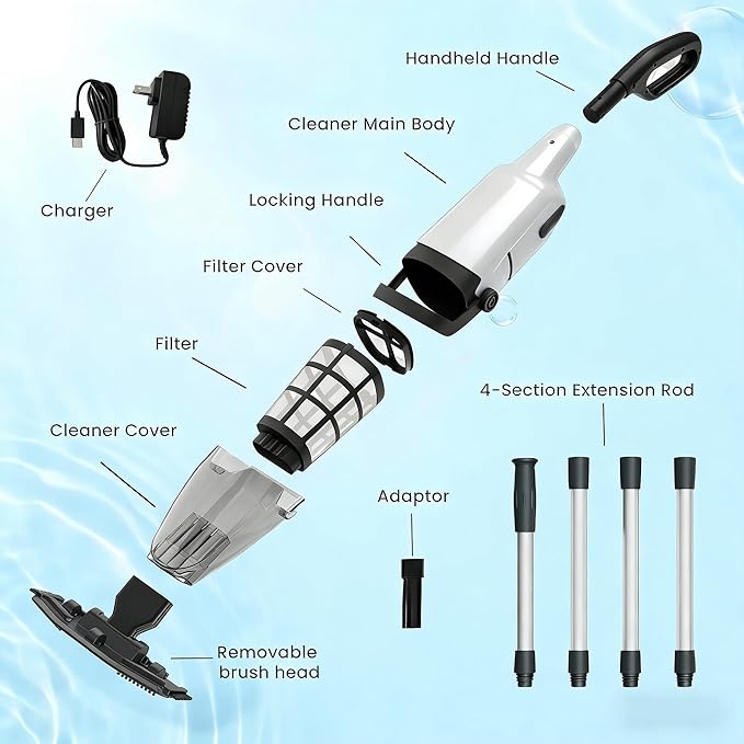 Cordless Handheld Pool Vacuum for Above Ground Pool, Pool Cleaner with 18 GPM & 60-90 Mins, 7.2 FT Section Pole Ideal for Leaves Dirt Sand, Hot Tub Spa Above Ground Pools In-ground Pools, Off-White