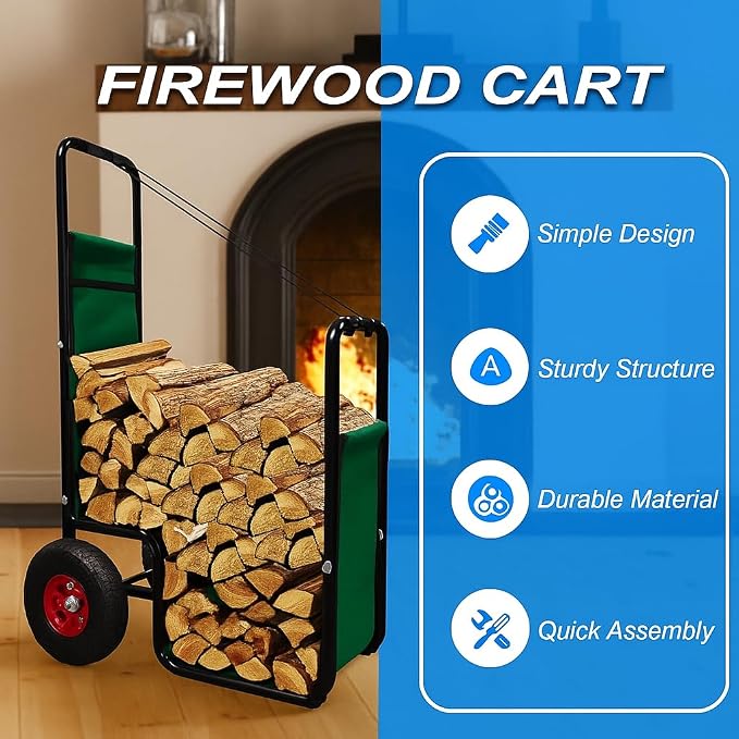 Firewood Cart with Wheels - Heavy Duty Outdoor Log Rack Holder Easy Transport for Fireplace Garden & Garage - Portable Storage Mover 220LB Capacity Waterproof
