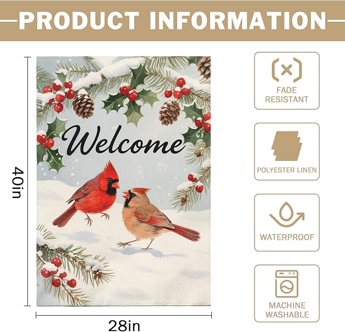Welcome Winter House Flag 28x40 Inch Cardinal Bird Snow Scene Christmas Holiday Seasonal Decorative Garden Flags for Outside Double Sided Outdoor Home Farmhouse Decoration Porch Yard New Year Decor