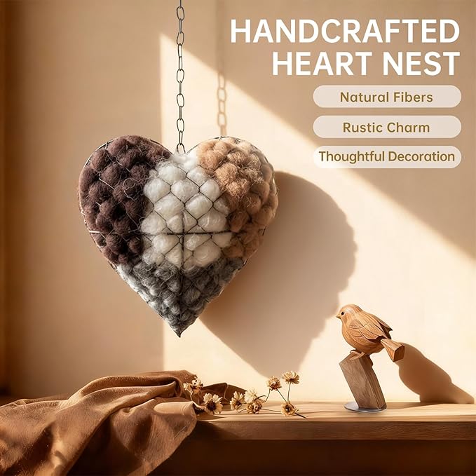 Handmade Alpaca Fiber Bird Nesting Heart – Refillable Bird Haven with 4 Nesting Material Refill Bags – Eco-Friendly Hanging Nest for Hummingbirds & Wild Birds, Garden & Yard Décor (2Sets)