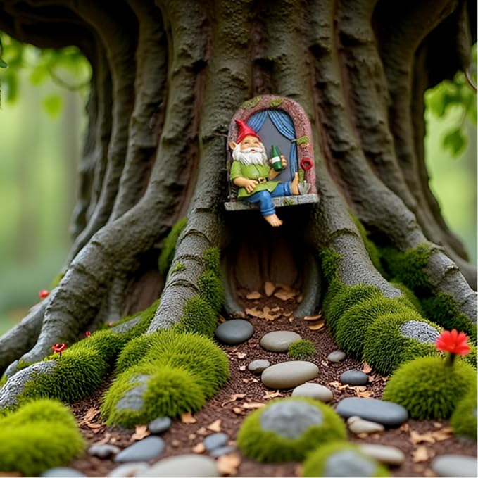Funny Garden Gnome Accessories Tree Hugger Statue Gnome Dringking Beer by Window, Fairy Garden Decoration, Whimsical Tree Sculpture Peeker, Patio Yard Lawn Porch Decoration,Christmas New Year Gift
