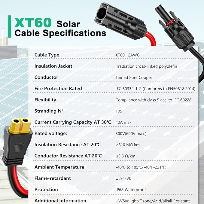 12AWG XT60 Solar Cable 50FT, XT60 Cable to Solar Connector, Solar Cable Connector to XT60 Extension Cable, XT60 Solar Charging Cable for Portable Power Station Solar Generator