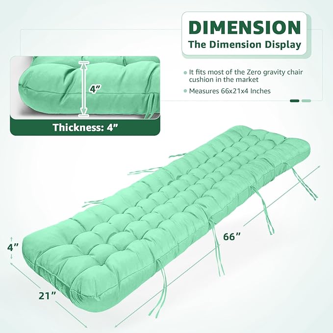 Patio Lounge Chair Cushion, Waterproof Zero Gravity Chair Cushions with Ties, 66x21x4 Inches Chaise Lounge Chair Cushion for Outdoor Indoor Furniture, Cyan (Only Cushion)