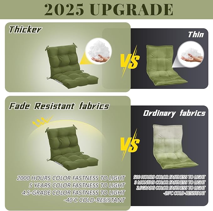 Marsui 4 Pcs Outdoor Indoor High Back Chair Cushions Patio Furniture Tufted Pillow with Ties Water-Resistant Replacement Outdoor Rocking Chair Cushions, 42 x 21 Inches (Moss Green,Solid Color)