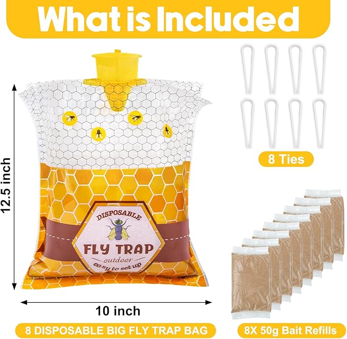 8 Pack Big Fly Traps Outdoor Hanging for Patio, Flies Bags Outdoor Disposable with 50g Bait, Bug Fly Hunter Catcher Killer Control for Barn Horse Ranch Chicken Coop