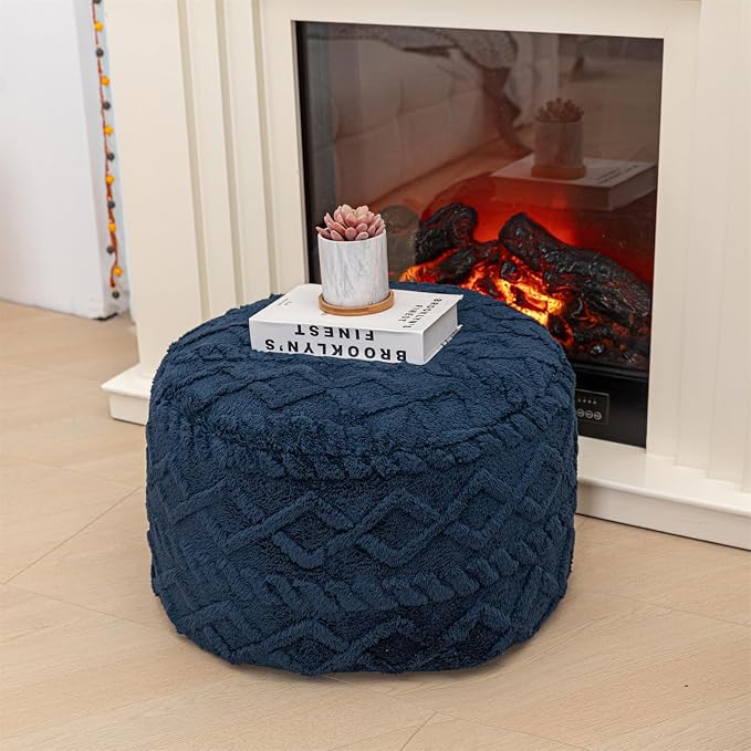 Poofieotto Unstuffed Pouf Ottoman Cover Handmade Footstool Ottoman Storage Solution Floor Pouf Footrest Cushion 20Diameter x12Height Inches for Living Room Wedding Bedroom Navy Blue No Filler