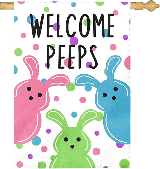 Large Easter House Flag 28x40 Inch Double Sided Welcome Peeps Bunny Flag Colorful Spring Yard Flag Outdoor Porch Cute Rabbit and Egg Pattern Farmhouse Easter Garden Banner for Home Patio Lawn