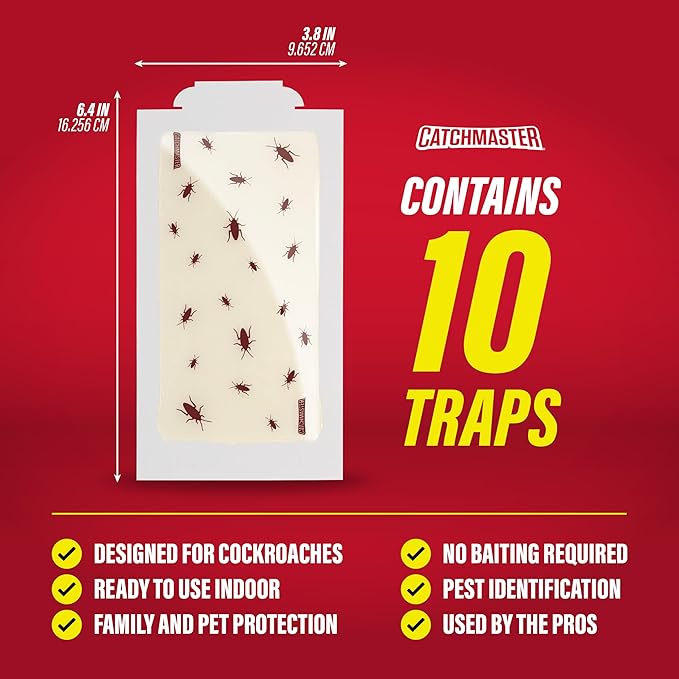 Catchmaster Roach Trap Glue Boards 10-Pk, Adhesive Bug Catcher, Scorpion, Spider, Cricket, & Cockroach Traps for Home, Bulk Glue Traps for House & Garage, Pest Control for Home