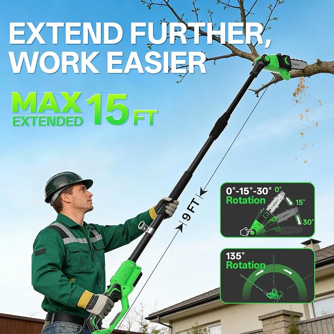 SOYUS 2-in-1 Pole Saw 8-Inch Cordless and 18-Inch Pole Hedge Trimmer, Pole Saw for Tree Trimming with 2x 3.0Ah Battery & Charger, 15-Foot Max Reach Pole Chainsaw with Multi-Angle, Auto Oiling