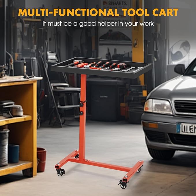 OLBRUS Adjustable Work Table with Wheels, Mechanic Rolling Tool Tray Table for Garage Repair Shops DIY, 220LBS Capacity Mobile Heavy Duty Steel Tool Cart (Orange)