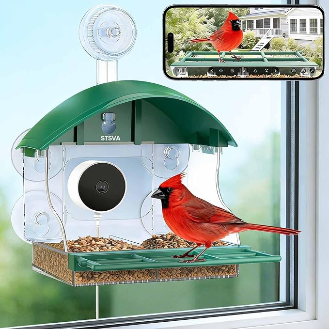Window Bird Feeder with Camera for Bird Watching,2K Live Video,AI Bird Identification,Instant Arrival Alerts,24/7 Recording,Support 2.4G/5G WiFi,Featuring 5 Strong Suction Cups.