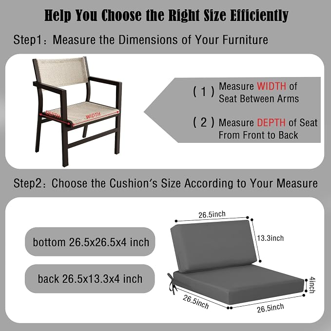 idee-home Outdoor Chair Cushions for Patio Furniture, Outdoor Seat Cushion | Waterproof Hampton Bay Deep Seat Replacement Couch Cushions for Garden Backyard 26.5 x 26.5 Dark Grey
